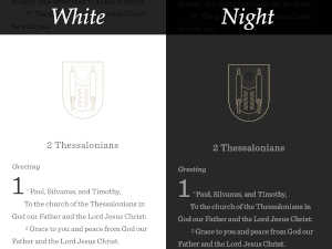 ESV Bible app for iPhone, white and night modes side-by-side.